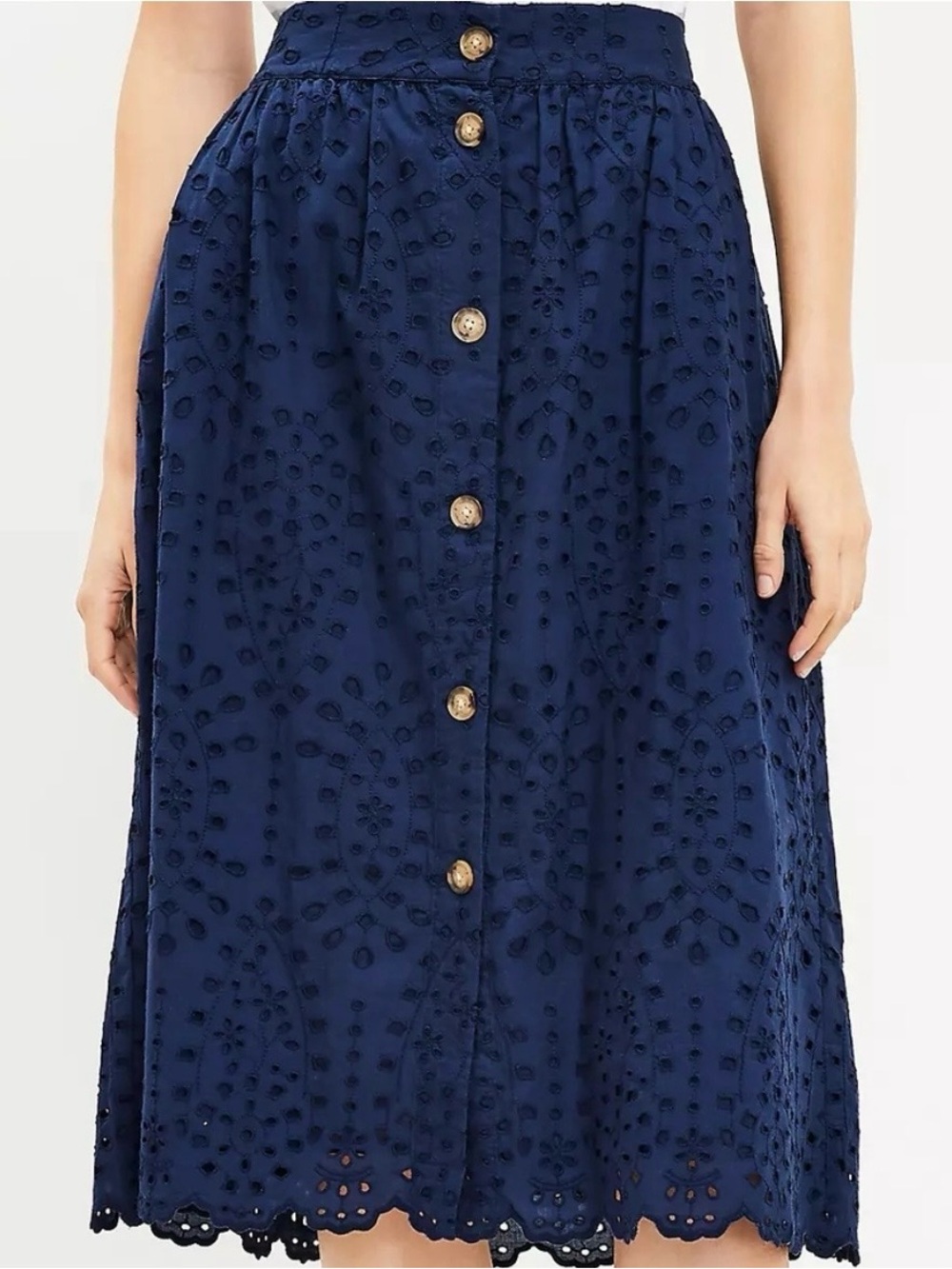 LOFT Navy Eyelet Button-Front Midi Skirt with Scallop Hem